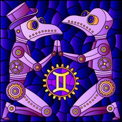 Illustration in the style of a stained glass window with an illustration of the steam punk sign of the Gemini horoscope