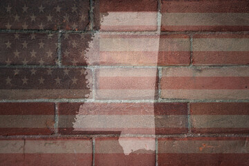 map of mississippi state on a painted flag of united states of america on a brick wall
