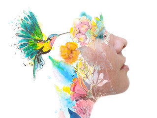 Sensual paintography of a young woman combined with a painting of flowers and a hummingbird