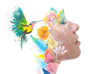 Sensual paintography of a young woman combined with a painting of flowers and a hummingbird © DAZOKA.com