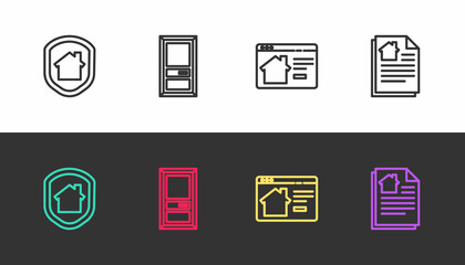 Set line House under protection, Closed door, Online real estate house and contract on black and white. Vector