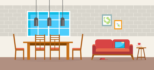 Living room and dining room with furniture. Flat style vector illustration.