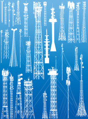 group with twenty eight antenna towers on blue