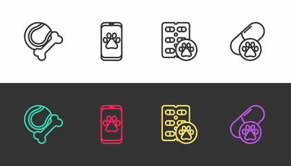 Set line Pet toys bone rubber and ball, Veterinary clinic, Dog pill and on black and white. Vector