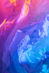 Abstract background with crumpled paper in neon gradient. Vivid blue and pink colors