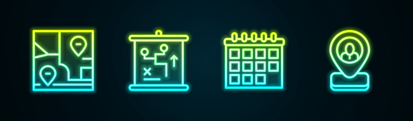 Set line Folded map with location, Planning strategy concept, Calendar and Worker. Glowing neon icon. Vector