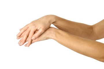 Applying cream, massaging, washing hands. Woman hand gesturing isolated on white