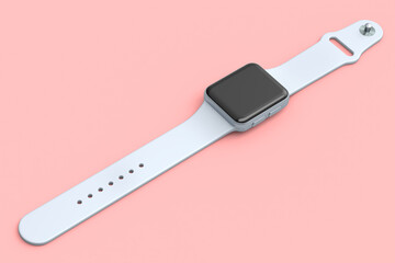 Stainless silver smart watch or fitness tracker isolated on pink background.