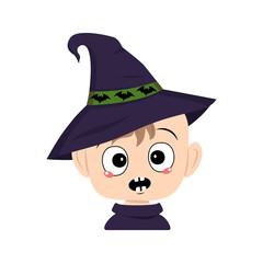 Avatar of a child with emotions panic, surprised face, shocked eyes in a pointed witch hat with bats. The head of a toddler. Halloween party decoration