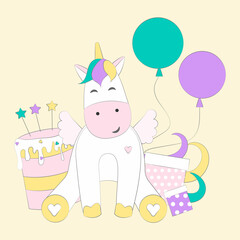 Unicorn vector illustration in flat cartoon style. Vector unicorn with cake and present boxes, isolated.