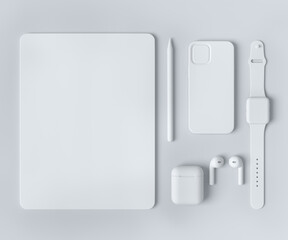 Monochrome computer tablet with stylus, smartwatch, phone and headphone on white