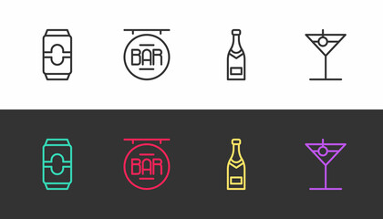 Set line Beer can, Street signboard with Bar, Champagne bottle and Martini glass on black and white. Vector
