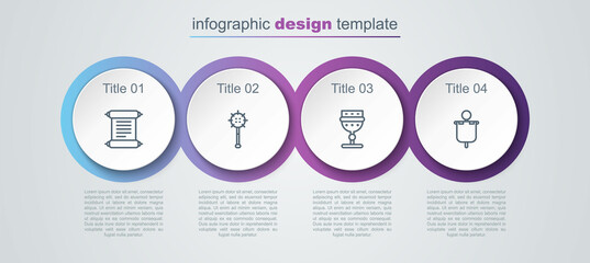 Set line Decree, parchment, scroll, Medieval chained mace ball, goblet and flag. Business infographic template. Vector