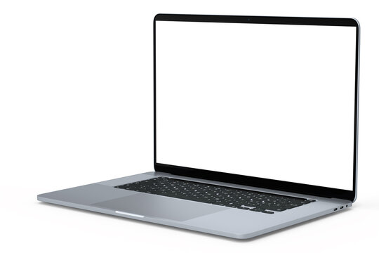 Realistic aluminum laptop with empty white screen isolated on white background.