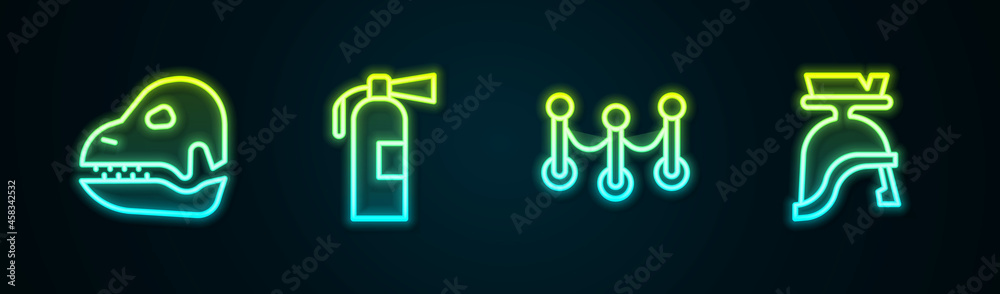 Sticker Set line Dinosaur skull, Fire extinguisher, Rope barrier and Roman army helmet. Glowing neon icon. Vector