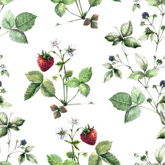 Seamless pattern with watercolor strawberries and blackberry  on white background.