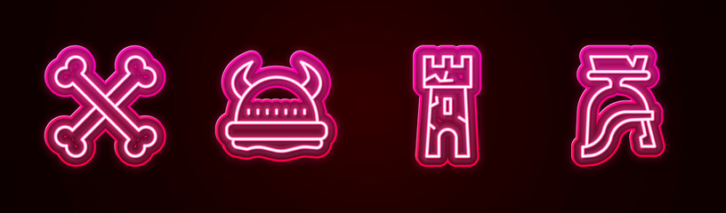 Set line Crossed human bones, Viking in horned helmet, Castle tower and Roman army. Glowing neon icon. Vector