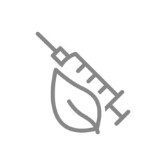 Medical syringe and plant leaf line icon. Vaccination, injection, herbal medicine, worldwide immunity symbol