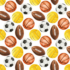 Watercolor illustration of sport balls set like water polo, rugby, basketball and soccer pattern