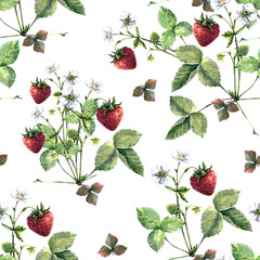 Seamless pattern with watercolor strawberries on white background.