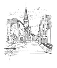Obraz premium Travel sketch of Bruges, Belgium. Historical building, houses line art. Freehand drawing. Hand drawn travel postcard. Hand drawing of Bruges. Urban sketch in black color isolated on white background.