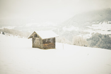 Abandoned old wooden house covered with snow on a cold winter din the countryside