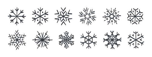 Snowflakes icons. Set of hand-drawn snowflakes. Snowflakes of different styles and shapes. Vector illustration