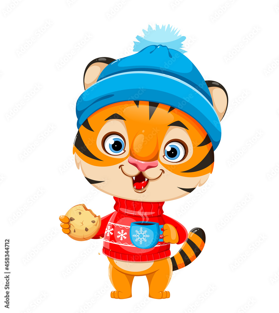 Poster Merry Christmas. Cute cartoon character tiger