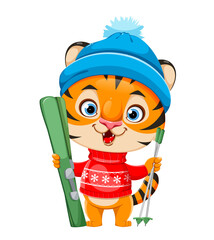 Merry Christmas. Cute cartoon character tiger - 458344751