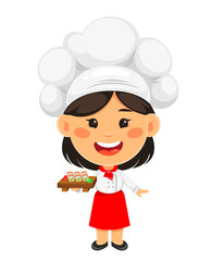 Happy cute girl chef cooking. Cheerful cook girl