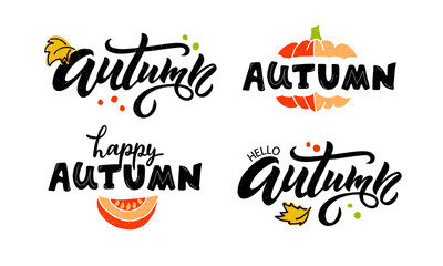 Set of autumn phrases Happy autumn, Hello autumn. Vector colorful illustration. Modern brush calligraphy, hand lettering typography for icon, badge, banner, poster, card isolated on white background  