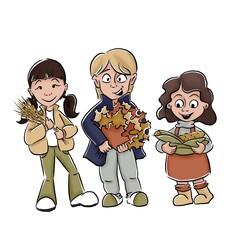 Children with autumn harvest. Girls holding wheat and corn and boy with maple leaves. Outdoor weekends. Autumn vibes. Gathering and agriculture. 