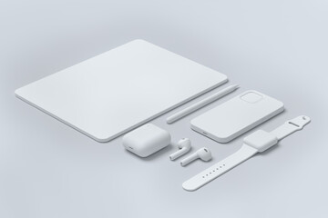 Monochrome computer tablet with stylus, smartwatch, phone and headphone on white