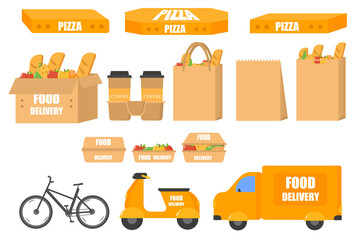 Food delivery home due to quarantine Coronavirus. e-commerce. Paper shopping bag full of groceries products and pizza