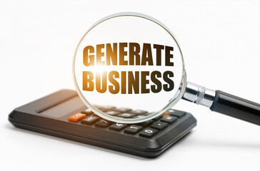 On the table is a calculator and a magnifying glass, inside which the inscription - Generate Business