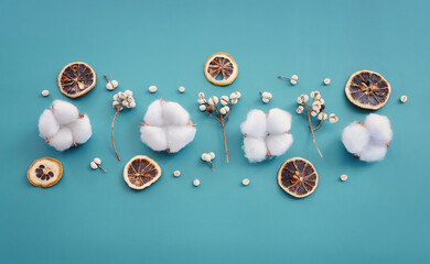 Top view image of autumn forest natural composition over blue background .Flat lay