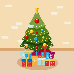 Naklejka premium Beautiful festive Christmas tree, decorated with balls, snow, gifts under the tree. New Year's content. Christmas.