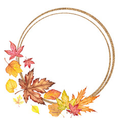 Naklejka na ściany i meble Gold round frame with colorful autumn leaves. Watercolor illustration on white background.