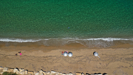 Aerial drone photo of paradise sandy emerald beach of Girismata, Aegean sea, Skiros island, Sporades, Greece
