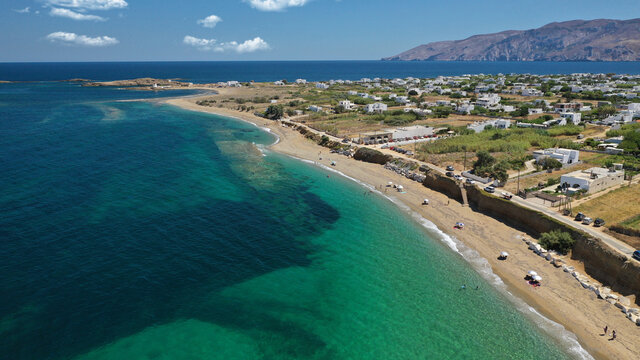 Aerial drone photo of paradise sandy emerald beach of Girismata, Aegean sea, Skiros island, Sporades, Greece