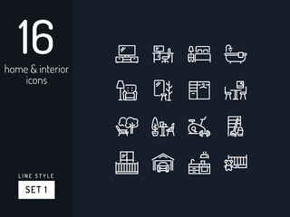 Set 1 of home room types on the black background. Home and interior linear icons to use in web and mobile app.