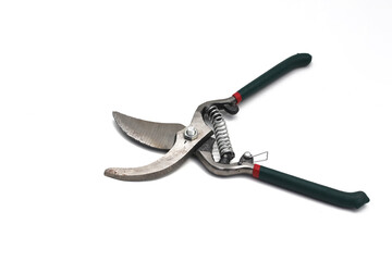 Pruning scissors (Pruning shears, Garden secateurs) with green grip isolated on white background