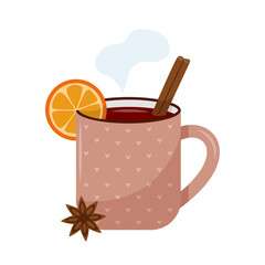 A cup of mulled wine with orange, star anise and a cinnamon. Pink mug with hearts on a white background. Hot drink. 