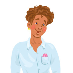 Portrait of a young African American man with a gold earring. In cartoon style. Isolated on white background. Vector illustration