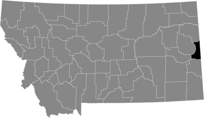 Black highlighted location map of the Wibaux County inside gray map of the Federal State of Montana, USA
