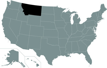 Black highlighted location map of the US Federal State of Montana inside gray map of the United States of America