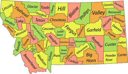 Pastel vector map of the Federal State of Montana, USA with black borders and name tags of its counties