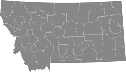 Gray vector map of the Federal State of Montana, USA with white borders of its counties