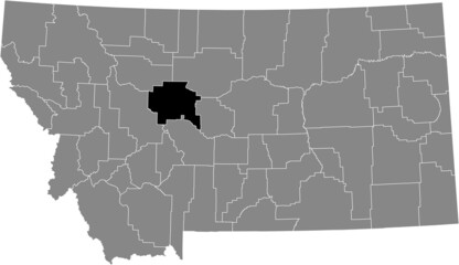 Black highlighted location map of the Cascade County inside gray map of the Federal State of Montana, USA