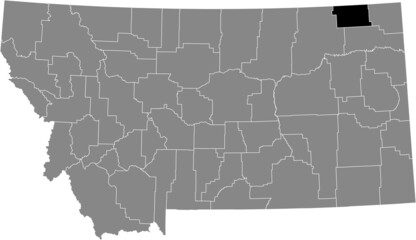 Black highlighted location map of the Daniels County inside gray map of the Federal State of Montana, USA